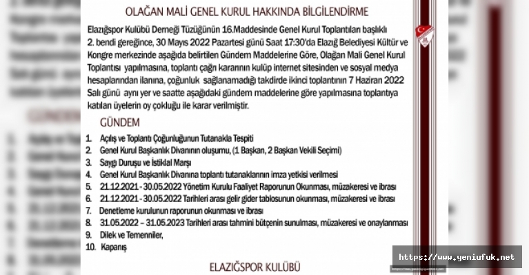 MALİ GENEL KURUL 30 MAYIS'TA!..